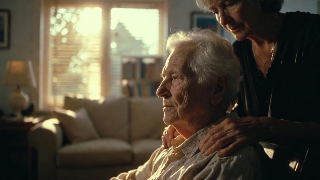 wide cinematic home-care moment, caregiver assisting elderly person with warmth and trust