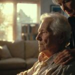 wide cinematic home-care moment, caregiver assisting elderly person with warmth and trust