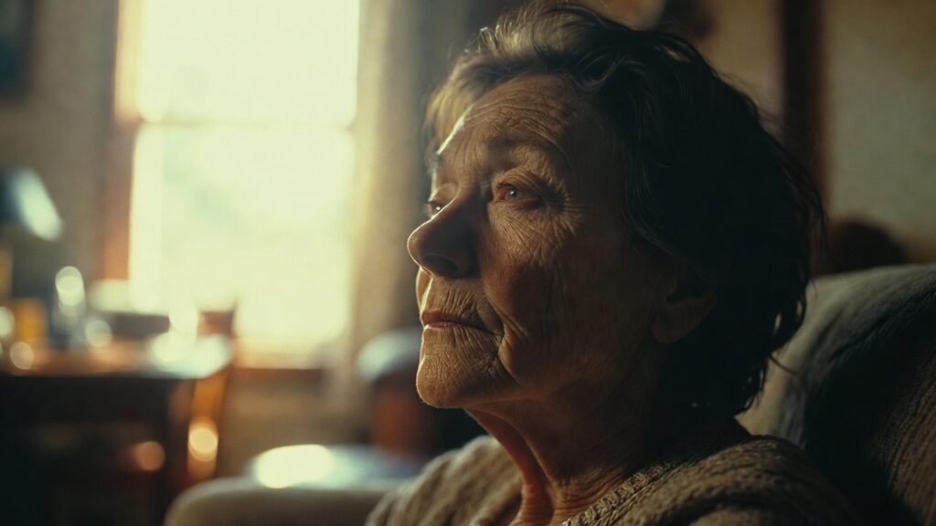 elderly person sitting by bright window at home, warm morning light, comforting atmosphere