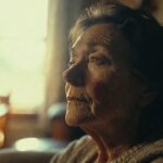 elderly person sitting by bright window at home, warm morning light, comforting atmosphere